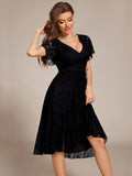 A-Line Ruffle Short Sleeves V-Neck Empire-Waist Lace Wedding Guest Dress