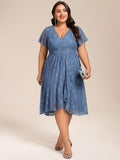 Plus Size A-Line Short Sleeves V-Neck Lace Midi Wedding Guest Dress
