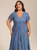Plus Size A-Line Short Sleeves V-Neck Lace Midi Wedding Guest Dress