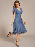 A-Line Ruffle Short Sleeves V-Neck Empire-Waist Lace Wedding Guest Dress