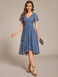 A-Line Ruffle Short Sleeves V-Neck Empire-Waist Lace Wedding Guest Dress
