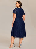 Plus Size A-Line Short Sleeves V-Neck Lace Midi Wedding Guest Dress