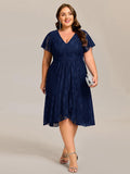 Plus Size A-Line Short Sleeves V-Neck Lace Midi Wedding Guest Dress