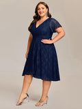 Plus Size A-Line Short Sleeves V-Neck Lace Midi Wedding Guest Dress