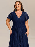 Plus Size A-Line Short Sleeves V-Neck Lace Midi Wedding Guest Dress