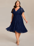 A-Line Ruffle Short Sleeves V-Neck Empire-Waist Lace Wedding Guest Dress