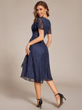 A-Line Ruffle Short Sleeves V-Neck Empire-Waist Lace Wedding Guest Dress