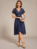 A-Line Ruffle Short Sleeves V-Neck Empire-Waist Lace Wedding Guest Dress