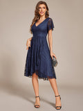 A-Line Ruffle Short Sleeves V-Neck Empire-Waist Lace Wedding Guest Dress