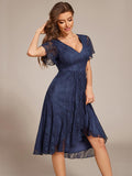 A-Line Ruffle Short Sleeves V-Neck Empire-Waist Lace Wedding Guest Dress
