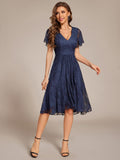 A-Line Ruffle Short Sleeves V-Neck Empire-Waist Lace Wedding Guest Dress
