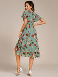 A-Line Short Sleeves Ruffled V-Neck Floral Printed Wedding Guest Dress