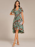 A-Line Short Sleeves Ruffled V-Neck Floral Printed Wedding Guest Dress