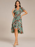 A-Line Short Sleeves Ruffled V-Neck Floral Printed Wedding Guest Dress