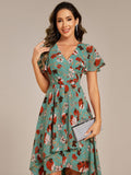 A-Line Short Sleeves Ruffled V-Neck Floral Printed Wedding Guest Dress