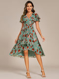 A-Line Short Sleeves Ruffled V-Neck Floral Printed Wedding Guest Dress