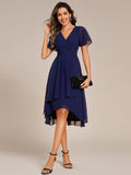 A-Line Short Sleeves Ruffled V-Neck Floral Printed Wedding Guest Dress