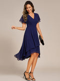 A-Line Short Sleeves Ruffled V-Neck Floral Printed Wedding Guest Dress