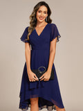 A-Line Short Sleeves Ruffled V-Neck Floral Printed Wedding Guest Dress