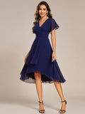 A-Line Short Sleeves Ruffled V-Neck Floral Printed Wedding Guest Dress
