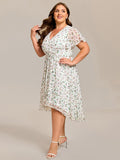 A-Line Short Sleeves Ruffled V-Neck Floral Printed Wedding Guest Dress