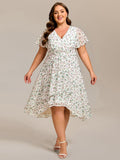 A-Line Short Sleeves Ruffled V-Neck Floral Printed Wedding Guest Dress