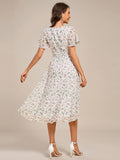 A-Line Short Sleeves Ruffled V-Neck Floral Printed Wedding Guest Dress