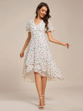 A-Line Short Sleeves Ruffled V-Neck Floral Printed Wedding Guest Dress