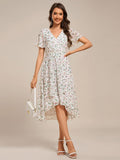 A-Line Short Sleeves Ruffled V-Neck Floral Printed Wedding Guest Dress
