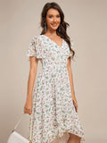A-Line Short Sleeves Ruffled V-Neck Floral Printed Wedding Guest Dress
