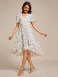 A-Line Short Sleeves Ruffled V-Neck Floral Printed Wedding Guest Dress