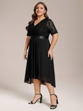 A-Line Half Sleeve Pleated V-Neck Empire-Waist Lace Wedding Guest Dress