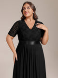 Plus Size A-Line V-Neck Half Sleeve Lace Pleated Midi Wedding Guest Dress