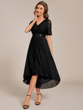 A-Line Half Sleeve Pleated V-Neck Empire-Waist Lace Wedding Guest Dress