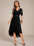 A-Line Half Sleeve Pleated V-Neck Empire-Waist Lace Wedding Guest Dress