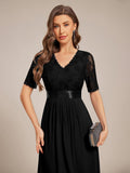 A-Line Half Sleeve Pleated V-Neck Empire-Waist Lace Wedding Guest Dress