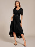 A-Line Half Sleeve Pleated V-Neck Empire-Waist Lace Wedding Guest Dress