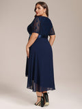 A-Line Half Sleeve Pleated V-Neck Empire-Waist Lace Wedding Guest Dress
