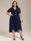 A-Line Half Sleeve Pleated V-Neck Empire-Waist Lace Wedding Guest Dress