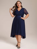 A-Line Half Sleeve Pleated V-Neck Empire-Waist Lace Wedding Guest Dress