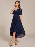 A-Line Half Sleeve Pleated V-Neck Empire-Waist Lace Wedding Guest Dress