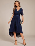 A-Line Half Sleeve Pleated V-Neck Empire-Waist Lace Wedding Guest Dress