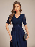 A-Line Half Sleeve Pleated V-Neck Empire-Waist Lace Wedding Guest Dress