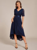 A-Line Half Sleeve Pleated V-Neck Empire-Waist Lace Wedding Guest Dress