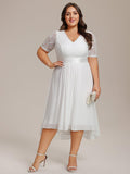 A-Line Half Sleeve Pleated V-Neck Empire-Waist Lace Wedding Guest Dress