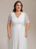 A-Line Half Sleeve Pleated V-Neck Empire-Waist Lace Wedding Guest Dress