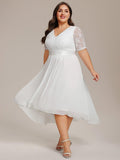 A-Line Half Sleeve Pleated V-Neck Empire-Waist Lace Wedding Guest Dress