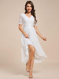 A-Line Half Sleeve Pleated V-Neck Empire-Waist Lace Wedding Guest Dress