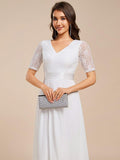 A-Line Half Sleeve Pleated V-Neck Empire-Waist Lace Wedding Guest Dress