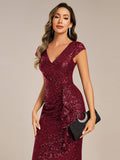 Sequined V-Neck Short Sleeves Bodycon Wedding Guest Dress